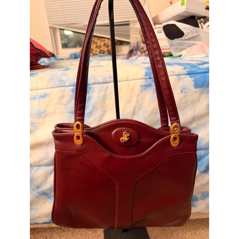 Vintage Lou Taylor Oxblood Red Leather Handbag Made in Italy Swivel Mirror
